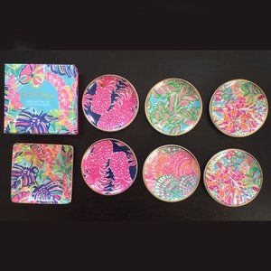 6 Colorful Lilly Pulitzer Ceramic Coasters and 1 Lilly Pulitzer Soap Dish & Box